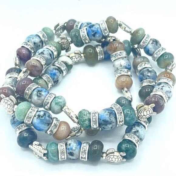 Sea Turtle India agate K2 beaded stretch bracelet ONE NEW crystal reiki yoga med - Picture 1 of 7